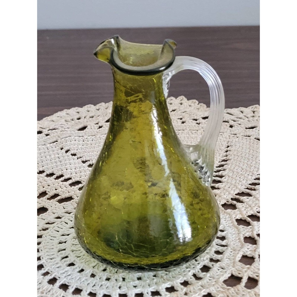 Olive Green Hand Blown Crackle Art Glass Pitcher applied handle